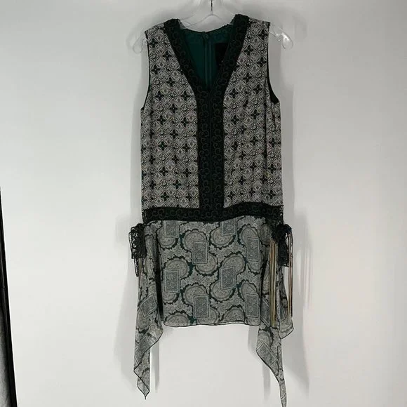 Anna Sui Green White Printed Lace Detail V-Neck Sleeveless Mini Dress 4 Silk - Picture 2 of 10